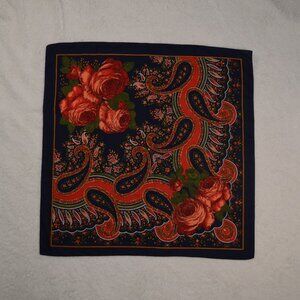 Vintage square scarf, navy blue rose and paisley design graphic pattern scarf